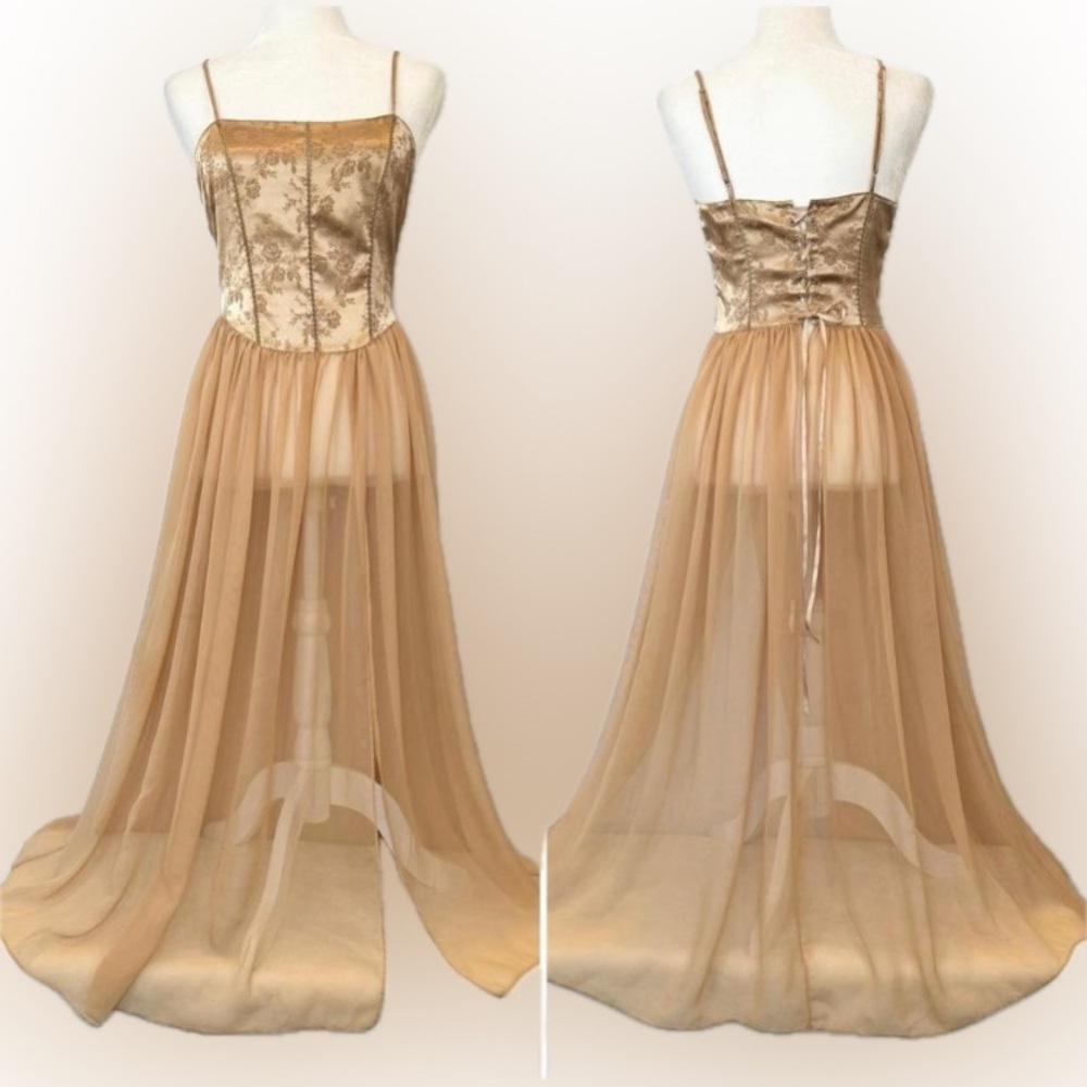 Vintage Victoria’s Secret Lace-up Corset Silky Satin Gold Gown - Picture 1 of 13